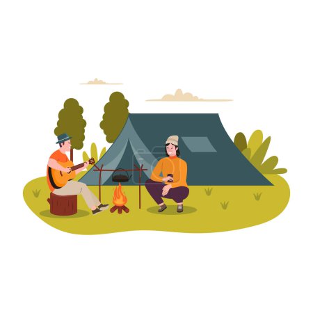 Illustration for Flat design of man and woman camp outdoor. Illustration for website, landing page, mobile app, poster and banner. Trendy flat vector illustration - Royalty Free Image