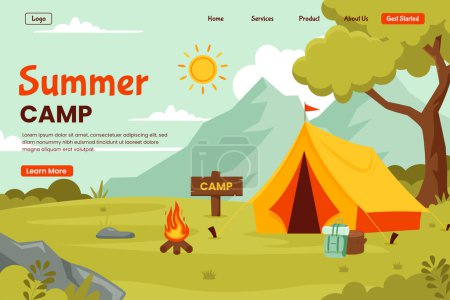 Concepto de landing page de ilustración de campamento de verano. Ilustración para sitio web, landing page, aplicación móvil, póster y banner. Ilustración de vector plano de moda