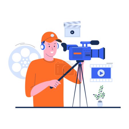 Illustration for Flat design cameraman taking video. The cameraman is holding the camera vector illustration - Royalty Free Image