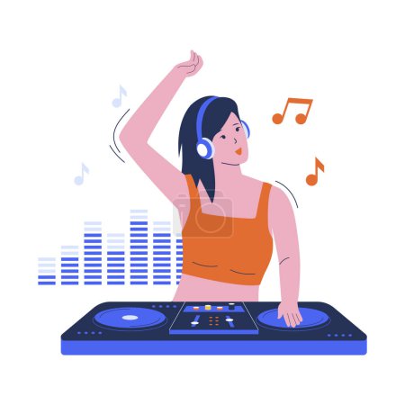 Diseño plano de mujer tocando música dj en la mesa. Dibujos animados hembra con auriculares y micrófono, vinilo. Discoteca nocturna vector ilustración plana