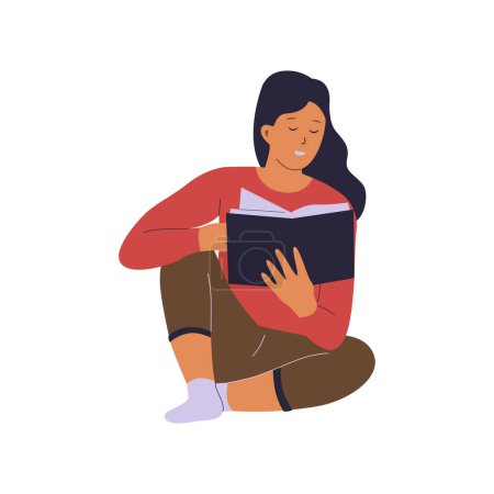 Illustration for Vector character of woman sitting relaxed while reading a book. Vector flat illustration - Royalty Free Image