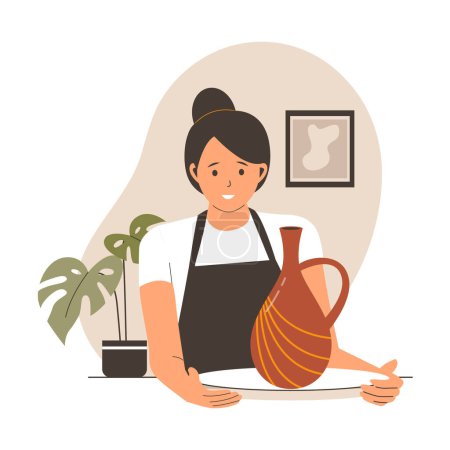 Woman potter makes a ceramic pot. Illustration for websites, landing pages, mobile apps, posters and banners.