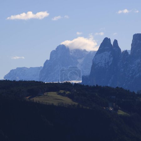 High mountains Langkofel, Santner Spitze, Euringer Spitze and others seen from Jenesien, South Tirol.