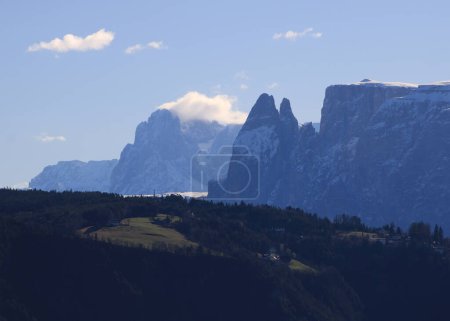High mountains Langkofel, Santner Spitze, Euringer Spitze and others seen from Jenesien, South Tirol.