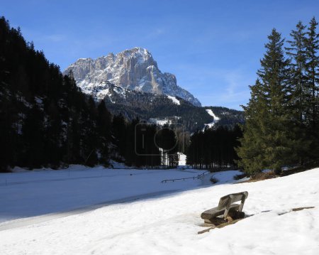 Timber bench with view of the Langkofel, mountain in South Tirol.