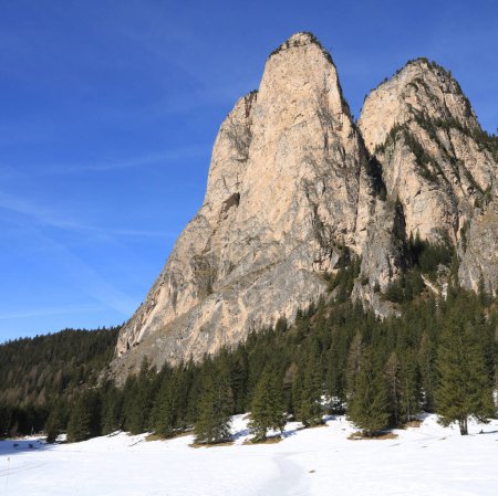 Picos únicos de Dolomita vistos desde el valle Lanental cerca de Wolkenstein, Tirol del Sur.