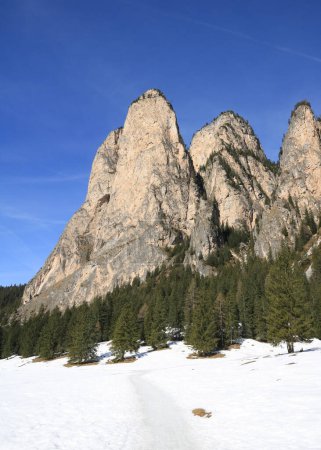 Peaks of the Dolomites seen from the Lanental Valley near Wolkenstein, South Tirol.