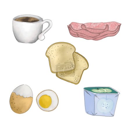 Frühstücksset im Hotel. Europäisches Frühstück mit gekochten Eiern, schwarzem Kaffee und Toastbrot. Illustrationssammlung zum Thema Morgenmahlzeit.