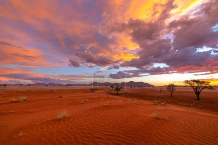 Red sand under red and yellow clouds Namibia