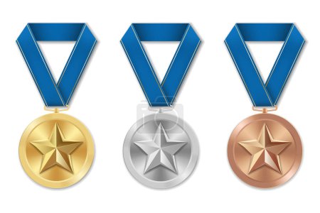 Illustration for Golden silver and bronze award sport medal with blue ribbons and star - Royalty Free Image