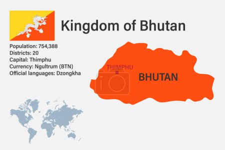 Illustration for Highly detailed Bhutan map with flag, capital and small map of the world - Royalty Free Image
