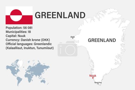 Mapa de Groenlandia muy detallado con bandera, capital y pequeño mapa del mundo