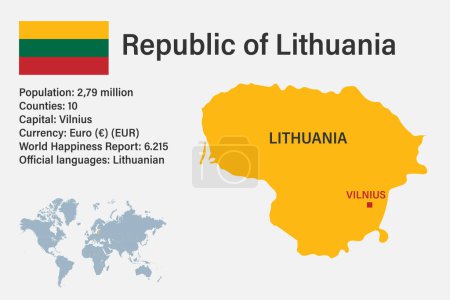 Téléchargez les illustrations : Carte très détaillée de la République de Lituanie avec drapeau, capitale et petite carte du monde - en licence libre de droit