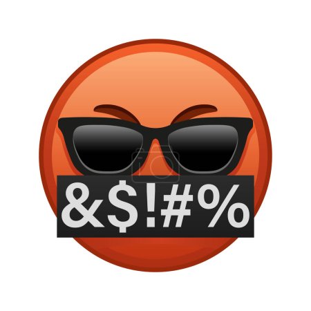 Ilustración de Cara malvada con símbolos de la boca oculta y gafas de sol Gran tamaño de emoji rojo sonrisa - Imagen libre de derechos