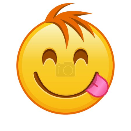 Ein Gesicht, das eine Delikatesse genießt Große Größe des gelben Emoji-Lächelns mit Haaren