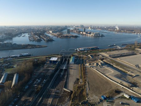 Photo for Amsterdam, 14th of December 2022, The Netherlands. Piet Heintunnel renovation a tunnel in East Amsterdam. Connects center of Amsterdam with the Zeeburgereiland. Aerial - Royalty Free Image