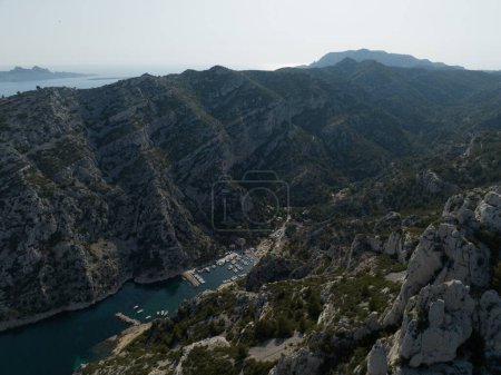 Photo for Aerial drone top down photo of a beach and water at the the calanques at Marseille. - Royalty Free Image