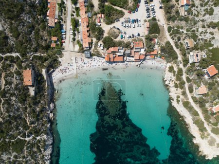 Photo for Aerial drone top down photo of a beach and water at the the calanques at Marseille. - Royalty Free Image