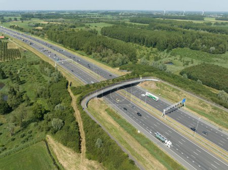 Photo for Aerial video of highway with a ecoduct to allow for safe passage of wildlife near Utrecht, The Netherlands. Ecoduct Autena - Royalty Free Image