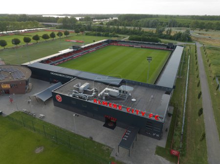 Photo for Almere, 16th of July, The Netherlands. Aerial drone video of the Yanmar Stadium, the home base of Almere City FC. - Royalty Free Image