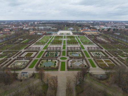 Photo for Aerial drone view on the Herrenhauser Gardens in Hannover, Germany. Aerial drone view. Castle gardens monument. - Royalty Free Image