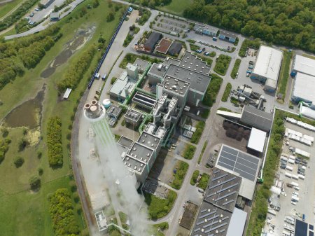 Aerial drone view on the Asdonkshof waste disposal center in Kamp Lintfort. Germany. It consists of two independent incineration lines with downstream scrubbing and a turbine plant to generate power