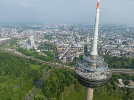 Aerial drone view on the Colonius telecommunications tower in Cologne, Germany.