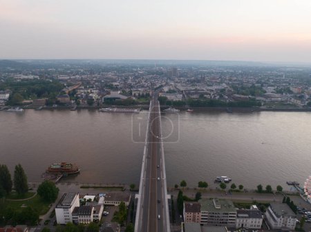 The Kennedy Bridge is the middle of the three Rhine bridges in Bonn and connects the centres of Bonn and Beuel. City infrastructure. Aerial view