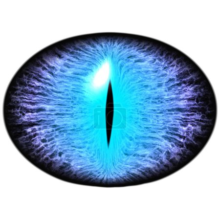 Blaues Drachenauge. Isoliertes großes elliptisches Auge mit gestreifter Iris und dunkel dünner elliptischer Pupille mit dunkler Netzhaut. Leichte Lichtreflexion in der linken Seite