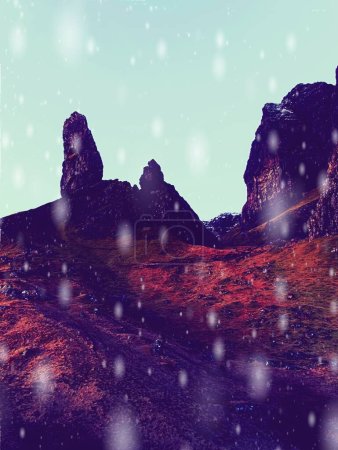 Foto de Snowing at  the Old Man of Storr. The Old Man of Storr is one of the most photographed wonders - Imagen libre de derechos
