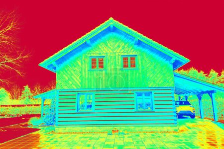 Photo for Heat Leak Infrared Detection  of beams in wooden wall. Traditional construction of timber house in thermography scan. - Royalty Free Image