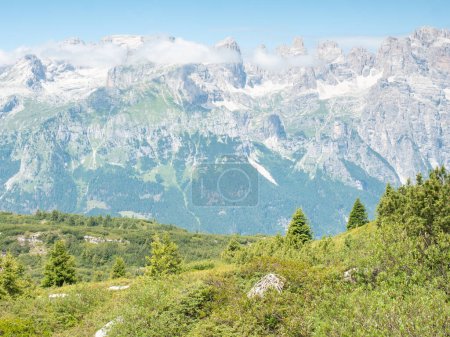 Téléchargez les photos : Pré d'été près du sommet de la montagne Gazza au-dessus de la ville andalouse. Alpes de Dolomite d'été. Une nature sauvage incroyable. Région de Vezzano, Trentin, Italie - en image libre de droit
