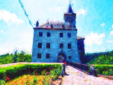 Photo for Castle Rozmberk, South Bohemia. People walk on the stony bridge. Sunny day.   Watercolor paint. Paint effect. - Royalty Free Image