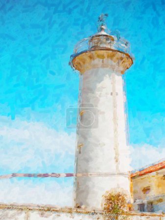 Foto de Faro di Punta Tagliamento, Bibione, Italia. Faro blanco popular con una torre de hormigón y una luz activa junto a una playa tranquila. Pintura acuarela. Efecto de pintura. - Imagen libre de derechos