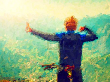 Photo for Teenager boy sit on mountain bike and watching from Alps peak down to Lago di Garda valley.  Watercolor paint. Paint effect. - Royalty Free Image