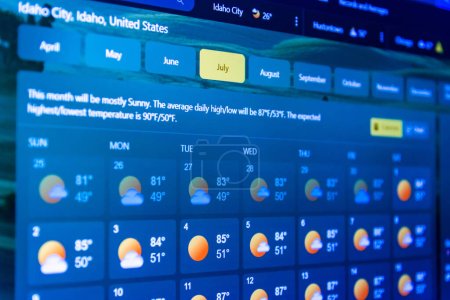Photo for Weather forecast interface on a digital screen display showing hot weather for the July.Temperature is displayed in USA,North America area in Fahrenheit.Selective focus.Telsiai,Lithuania.04-05-2023. - Royalty Free Image