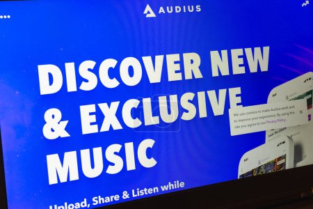 Photo for Audius Music, Spotify app icons on an PC screen. Audius is a blockchain based music streaming and sharing platform in a decentralied manner.Telsiai,Lithuania.07-25-2023. - Royalty Free Image