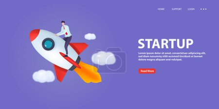 Illustration for Successful businessman starts sitting on a rocket flying across the sky. Business concept illustration. - Royalty Free Image
