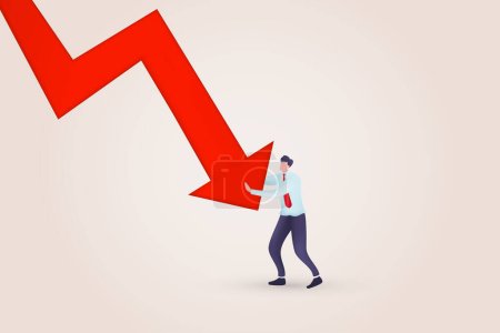 Illustration for 3D Bankrupt businessman pushed by downward Red arrow going down. Symbol of bankruptcy, failure, recession, crisis and financial losses on stock exchange market. - Royalty Free Image