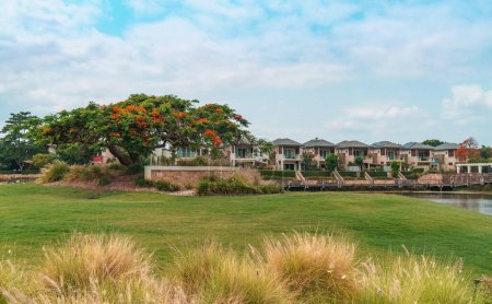 Photo for Panoramic view of the beautiful Glades Golf Course, one of Australias most prestigious resort golf courses in Queensland, Gold Coast. Designed by Australian golfing icon, Greg Norman. - Royalty Free Image