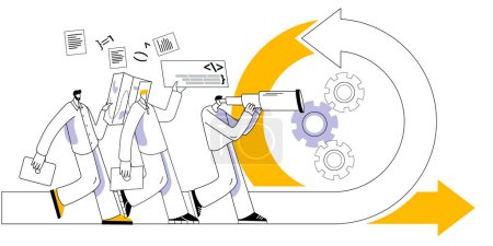 Illustration for The development team follows a twisted arrow. Vector illustration on the topic of agile methodology. - Royalty Free Image