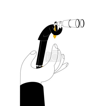Illustration for A large hand is holding a man who is looking through binoculars. Vector illustration on the topic of help in finding prospects. - Royalty Free Image