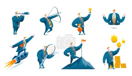 Illustration for A man in a business suit is looking for a goal and finds a good idea. A set of vector illustrations on the topic of investing and doggie ideas. - Royalty Free Image