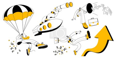 Businessmen in business suits are flying on a rocket, shouting into a megaphone, descending by parachute. A set of vector business illustrations in a linear style.