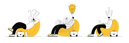 Ilustración de A thoughtful man with a laptop is sitting in a bag chair. An inspired man works hard with a laptop. Vector character in a flat style on the topic of remote employees and work from home. - Imagen libre de derechos