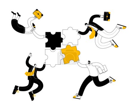The characters connect the pieces of the puzzle. The concept of a vector illustration in a flat style on the theme of connecting parts into a single whole.