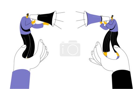 Un homme et une femme se disputent en mégaphones. Illustration vectorielle esquissée sur le thème de l'égalité entre les hommes et les femmes.