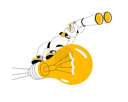 Ilustración de Un hombre con prismáticos vuela a una gran bombilla eléctrica. Ilustración vectorial sobre el tema de la búsqueda de un inversor. - Imagen libre de derechos