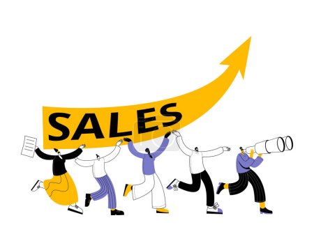 The characters cheerfully carry a growing sales arrow. Vector illustration on the topic of teamwork in the sales department.