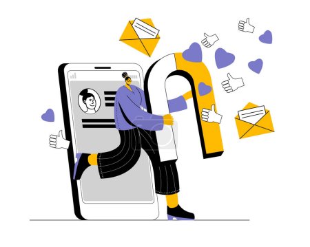 The blogger comes out of the smartphone and attracts likes and hearts like a magnet. Vector illustration on the topic of promotion in social networks.